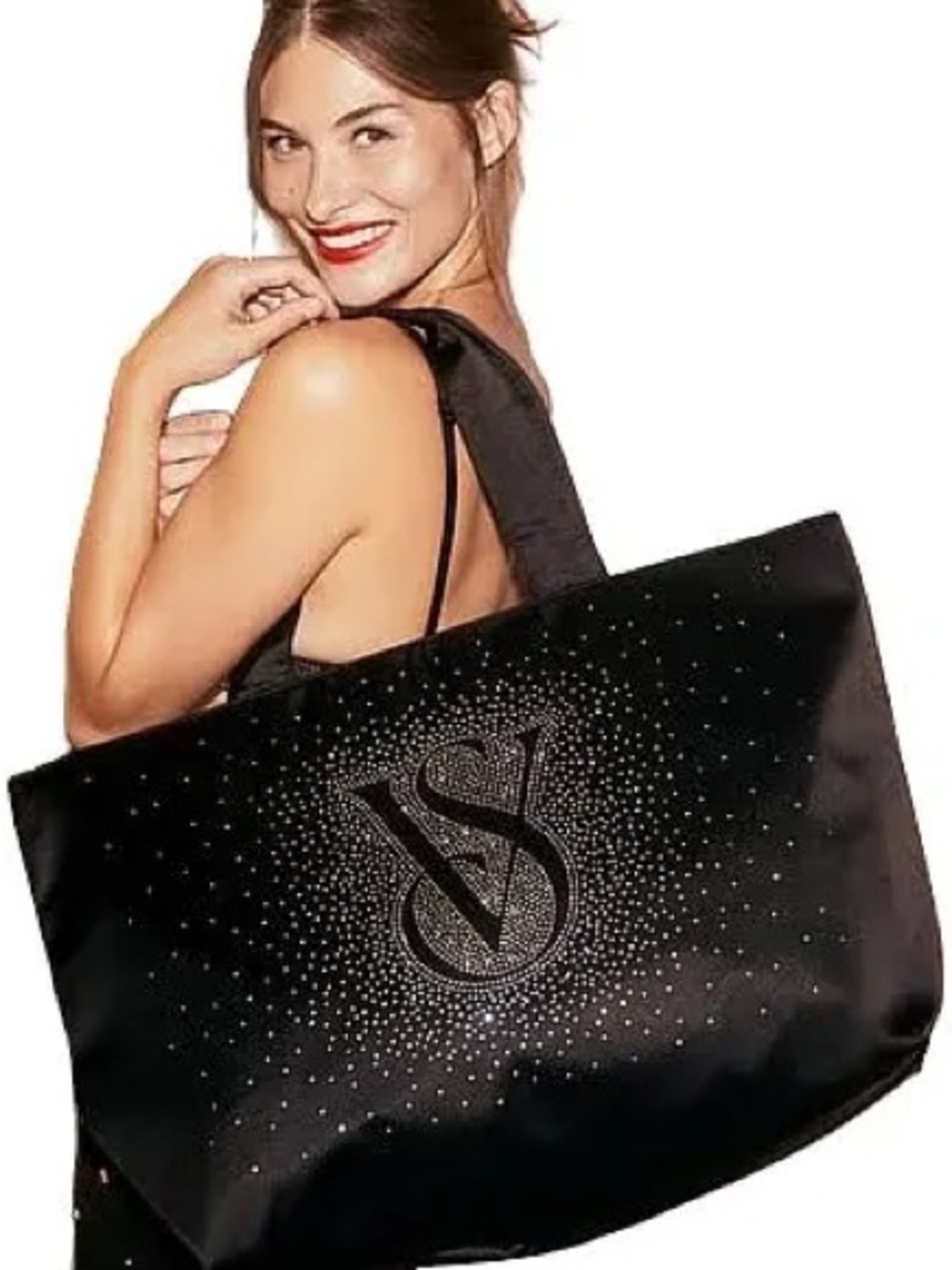 NWT Victoria's Secret Black SHINE Crystal-Embellished Logo Tote bag